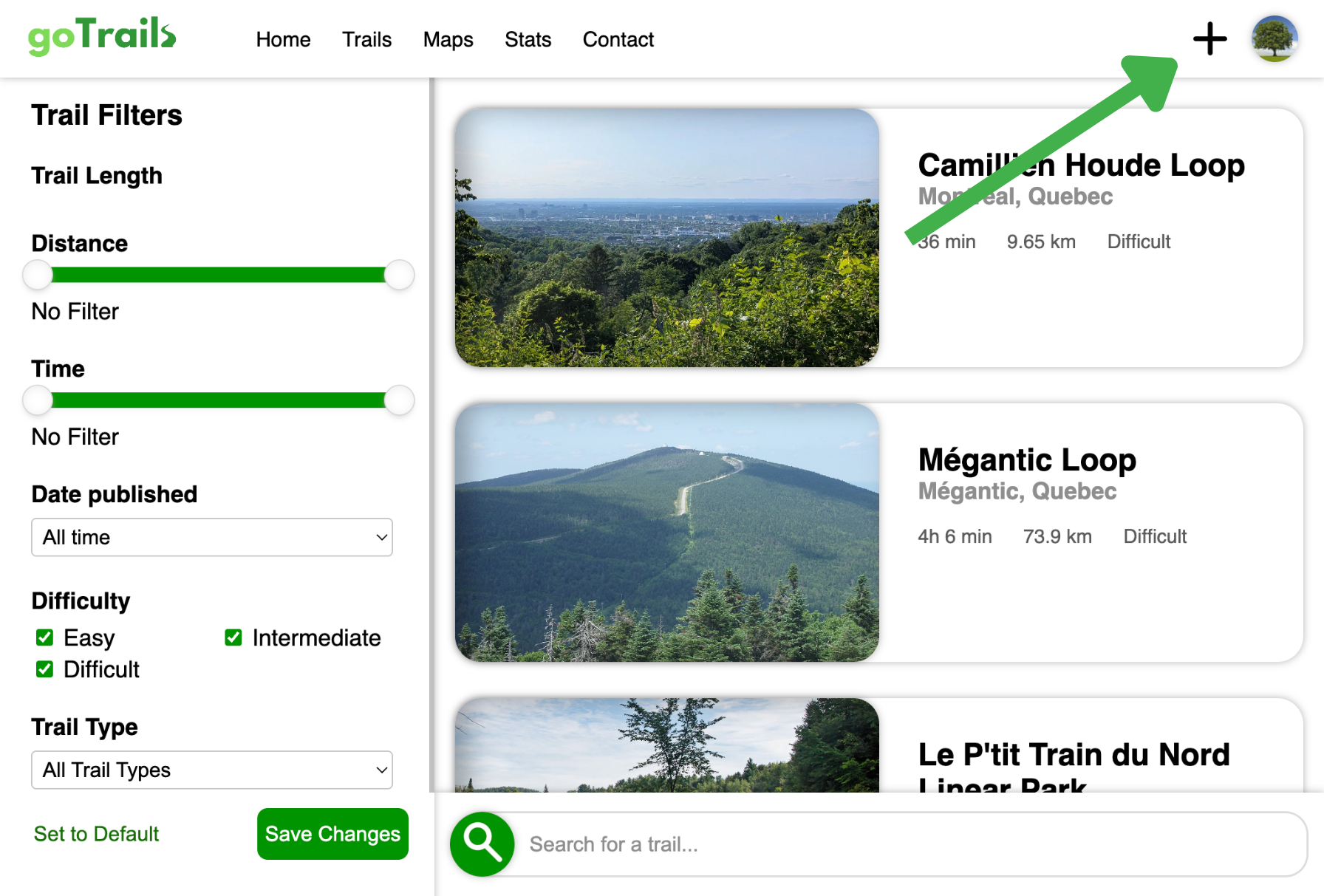 Create a trail by clicking the plus sign in the top-right corner of the trails page